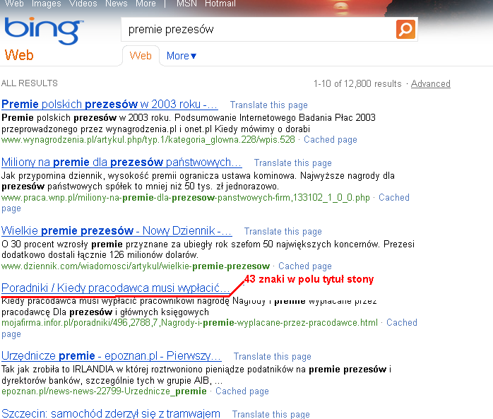 Przykład meta title w wyszukiwarce Bing
